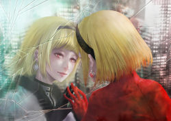 Rule 34 | blonde hair, blood, blood in hair, broken glass, brother and sister, brother one, building, capelet, drag-on dragoon, drag-on dragoon 3, earrings, glass, hairband, jewelry, nose, one (drag-on dragoon), red eyes, siblings, skyscraper, yamamoto no ari