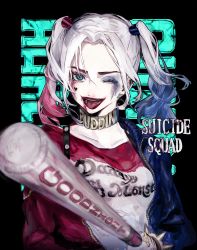 Rule 34 | 1girl, ;d, absurdres, bad id, bad pixiv id, baseball bat, black background, blue eyes, blue hair, character name, choker, clothes writing, collarbone, copyright name, dc comics, eyebrows, eyelashes, eyeshadow, facial mark, hair intakes, harley quinn, heart, highres, holding, jacket, lipstick, long hair, long sleeves, looking at viewer, makeup, multicolored hair, one eye closed, open clothes, open jacket, open mouth, ozyako, red hair, red lips, smile, solo, spikes, suicide squad, teeth, tongue, tongue out, twintails, unzipped, upper body, zipper