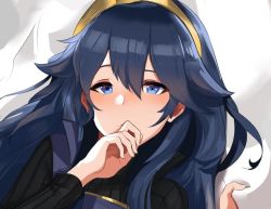 Rule 34 | 1girl, bed sheet, blue eyes, blue hair, fire emblem, fire emblem awakening, fire emblem heroes, hair between eyes, hair ornament, hairband, hand to own mouth, long hair, long sleeves, looking at viewer, lucina (fire emblem), nintendo, ormille, portrait, ribbed sweater, solo, sweater