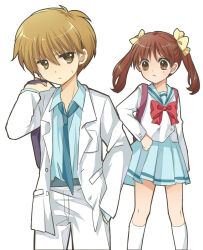 Rule 34 | 1990s (style), 1boy, 1girl, :&lt;, angry, arm at side, backpack, bag, belt, black bag, blue belt, blue necktie, blue sailor collar, blue shirt, blue skirt, bow, bowtie, brown eyes, brown hair, buttons, chinese commentary, commentary, couple, cowboy shot, double-breasted, dress shirt, feet out of frame, formal, frown, hair between eyes, hair bow, hand on own hip, hayama akito, highres, holding, holding bag, jacket, kaoruru (sakuno2911), kodomo no omocha, kurata sana, light blush, looking at another, looking at viewer, necktie, open clothes, open jacket, over shoulder, panties, pleated skirt, purple bag, red bow, red bowtie, retro artstyle, sailor collar, school bag, school uniform, shirt, simple background, skirt, socks, standing, suit, suit jacket, sweatdrop, twintails, unamused, underwear, v-shaped eyebrows, white background, white jacket, white panties, white shirt, white socks, white suit, yellow bow
