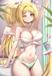 1girl absurdres aki_rosenthal arm_up armpits beer_can blonde_hair bob_cut bow bow_panties bra breasts can commission cowboy_shot detached_hair drink_can good_thighs_day headgear highres hololive indoors large_breasts long_hair looking_at_viewer low_twintails messy_hair narrow_waist navel nyu-tan94 panties parted_bangs purple_eyes short_hair stomach strap_slip twintails underwear underwear_only virtual_youtuber white_bra white_panties wide_hips