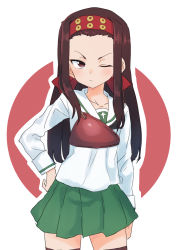 Rule 34 | 1girl, black neckerchief, black thighhighs, blouse, brown eyes, brown hair, closed mouth, commentary, cowboy shot, frown, gazacy (dai), girls und panzer, green skirt, hand on own hip, headband, highres, long hair, long sleeves, looking at viewer, miniskirt, muneate, neckerchief, one eye closed, ooarai school uniform, outline, pleated skirt, red headband, saemonza (girls und panzer), school uniform, serafuku, shirt, skirt, solo, standing, thighhighs, white background, white outline, white shirt