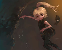 Rule 34 | 1girl, :d, bare shoulders, belt, belt pouch, blonde hair, brown eyes, cave, climbing, fang, female focus, kurodani yamame, long hair, looking at viewer, marvel, mask, md5 mismatch, open mouth, ponytail, pouch, resolution mismatch, revision, rock, silk, skin tight, smile, source larger, spider-man, spider-man (series), spider web, touhou, yst