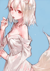 Rule 34 | 1girl, alternate costume, animal ears, bare shoulders, bed sheet, female focus, fingernails, inubashiri momiji, junwool, long fingernails, looking at viewer, naked sheet, off shoulder, red eyes, see-through, short hair, silver hair, simple background, solo, tail, touhou, upper body, wet, wolf ears, wolf tail