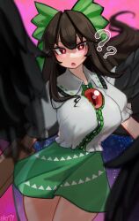 Rule 34 | + +, 1girl, ?, ??, arm cannon, bird wings, black hair, black wings, blurry, blurry background, blush, bow, breasts, cape, chest jewel, collared shirt, cowboy shot, depth of field, feathered wings, floating hair, frilled shirt collar, frills, green bow, green skirt, hair bow, highres, huge breasts, long hair, looking at viewer, open mouth, perspective, puffy short sleeves, puffy sleeves, red eyes, reiuji utsuho, shirt, short sleeves, skirt, solo, starry sky print, thighs, tongue, touhou, very long hair, weapon, white cape, wings, zakozako y