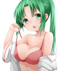 Rule 34 | 1girl, bare shoulders, bra, breasts, cleavage, collarbone, green eyes, green hair, highres, higurashi no naku koro ni, looking at viewer, matching hair/eyes, nemu (nebusokugimi), open clothes, open mouth, open shirt, ponytail, shirt, simple background, solo, sonozaki mion, underwear, undressing, upper body, white background