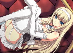 Rule 34 | 1girl, blonde hair, blue eyes, blush, body blush, breasts, cleavage, couch, dream c club, dream c club (series), dream c club zero, drill hair, elbow gloves, garter straps, gloves, hairband, haruka (dream c club), lace, lace-trimmed legwear, lace trim, long hair, lying, on back, open mouth, shimamoto utsumi, sitting, solo, thighhighs, white thighhighs