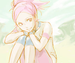 Rule 34 | 00s, 1girl, :d, anemone (eureka seven), eureka seven, eureka seven (series), knees to chest, lowres, open mouth, pale color, pink eyes, pink hair, ponytail, shirt, short hair, short sleeves, sitting, smile, solo, teeth, white shirt