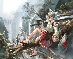 Rule 34 | 1girl, animal ears, bare shoulders, closed mouth, commentary, detached sleeves, geta, hat, highres, holding, holding sword, holding weapon, in tree, inubashiri momiji, leaf, leaf print, maple leaf, maple leaf print, outdoors, pom pom (clothes), red eyes, ribbon-trimmed sleeves, ribbon trim, shield, shield print, short hair, sitting, sitting in tree, skirt, socks, solo, sword, tengu-geta, tokin hat, touhou, tree, weapon, white hair, white socks, wolf ears, zhuxie1264852