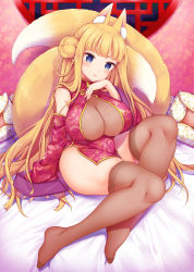 Rule 34 | 1girl, animal ear fluff, animal ears, blonde hair, blue eyes, blunt bangs, braid, breasts, brown thighhighs, china dress, chinese clothes, cleavage, closed mouth, detached sleeves, dress, fox ears, fox tail, full body, hair bun, highres, indoors, large breasts, lips, long hair, long sleeves, looking at viewer, miyano ururu, multiple tails, nail polish, night, night sky, no shoes, on bed, original, pillow, pink nails, red dress, revision, short eyebrows, single braid, single hair bun, sitting, sky, smile, solo, tail, thighhighs, two tails, very long hair, wide sleeves, window