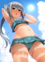 Rule 34 | 1girl, armpits, arms behind head, arms up, bikini, blue sky, blush, breasts, cameltoe, cloud, commentary request, cowboy shot, dark-skinned female, dark skin, day, frilled bikini, frills, from below, green bikini, hair ribbon, highres, kantai collection, kasumi (kancolle), long hair, navel, open mouth, outdoors, ribbon, silver hair, sky, small breasts, solo, standing, stomach, sun, swimsuit, tan, tanline, white ribbon, yellow eyes, yoshi tama