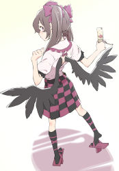 Rule 34 | 1girl, absurdres, back cutout, bird wings, black wings, brown eyes, brown hair, camera, cellphone, checkered clothes, checkered skirt, clothing cutout, commentary request, from behind, full body, geta, hair ribbon, hat, highres, himekaidou hatate, kawayabug, long hair, looking at viewer, looking back, necktie, open mouth, phone, pink shirt, pointy ears, pom pom (clothes), puffy short sleeves, puffy sleeves, purple footwear, purple ribbon, ribbon, shadow, shirt, short sleeves, sidelocks, simple background, skirt, solo, standing, tengu-geta, tokin hat, touhou, twintails, two side up, white background, wings