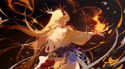 Rule 34 | 1girl, absurdres, alter (j alter7), antlers, back, backless outfit, blonde hair, blue eyes, burning, fire, highres, horns, japanese clothes, kimono, lace, long hair, looking at viewer, looking back, mizuhiki, ofuda, open clothes, open kimono, original, pointy ears, pyrokinesis, ribbon trim, shikigami, solo