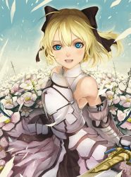 Rule 34 | 1girl, ahoge, armor, armored dress, artoria pendragon (fate), bare shoulders, blonde hair, blue eyes, bow, detached sleeves, dress, fate/unlimited codes, fate (series), flower, gauntlets, hair bow, ponytail, saber (fate), saber lily, shirorin (ballet girl&#039;s), solo, sword, weapon