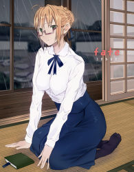 Rule 34 | 1girl, ahoge, arm support, artoria pendragon (fate), bad id, bad pixiv id, blonde hair, book, bow, breasts, covered erect nipples, fate/stay night, fate (series), glasses, green eyes, impossible clothes, kneeling, large breasts, mountain, no bra, pantyhose, rain, saber (fate), semi-rimless eyewear, solo, tazuma (u283)