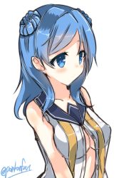 Rule 34 | 10s, blue eyes, blue hair, blush, breasts, cleavage, double bun, kantai collection, large breasts, neckerchief, p.k.f, school uniform, serafuku, sleeves rolled up, solo, unbuttoned, urakaze (kancolle), yellow neckerchief