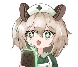 +_+ 1girl :o animal_ears apron blush brown_hair ddrawins dress fang food frilled_dress frills green_dress green_eyes hair_between_eyes hair_ribbon hat highres holding ice_cream ice_cream_sandwich indie_virtual_youtuber medium_hair nimi_nightmare nurse nurse_cap one_side_up open_mouth ribbon simple_background skin_fang solo sparkling_eyes tapir_ears tapir_girl virtual_youtuber white_background white_hat