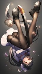 Rule 34 | 1girl, aiguillette, air bubble, ass, azur lane, bad id, bad pixiv id, between legs, black footwear, black hair, black pantyhose, blunt bangs, breasts, brown eyes, bubble, buttons, closed mouth, double-breasted, full body, holding, holding sword, holding weapon, katana, loafers, long hair, looking at viewer, medium breasts, military, military uniform, pantyhose, plantar flexion, pleated skirt, ponytail, sheath, sheathed, shoes, skirt, solo, sword, takao (azur lane), tef, thighband pantyhose, thighs, underwater, uniform, upside-down, very long hair, weapon, white skirt