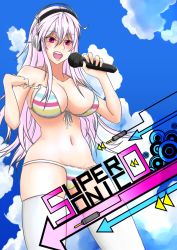 Rule 34 | 1girl, bare shoulders, bikini, breasts, character name, cleavage, cloud, cover, cover page, day, front-tie top, headphones, highres, large breasts, long hair, microphone, navel, nitroplus, open mouth, pink eyes, pink hair, saku (saku1151), skindentation, sky, solo, strap slip, string bikini, striped bikini, striped clothes, super sonico, swimsuit, tears, thighhighs, white thighhighs