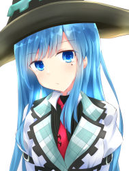Rule 34 | 1girl, black hat, blue eyes, blue hair, blush, choujigen game neptune, collared dress, collared shirt, commentary request, dress, expressionless, hat, highres, long hair, looking at viewer, mages., mole, mole under eye, necktie, neptune (series), niche-tan, red necktie, shirt, simple background, solo, upper body, very long hair, white background, white dress, white shirt, witch, witch hat