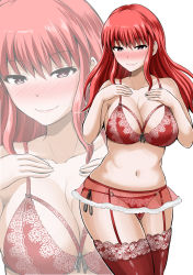 Rule 34 | 1girl, blush, breasts, cleavage, commentary request, heart, heart-shaped pupils, highres, large breasts, long hair, looking at viewer, navel, original, purple eyes, red hair, smile, solo, symbol-shaped pupils, underwear, underwear only, yano toshinori