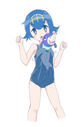 Rule 34 | 1girl, absurdres, bare shoulders, blue eyes, blue hair, blush, creatures (company), game freak, gen 7 pokemon, hair ornament, highres, lana (pokemon), legs apart, nintendo, one-piece swimsuit, open mouth, pokemon, pokemon (creature), pokemon sm, popplio, saliva, short hair, simple background, swimsuit, teeth, tongue, white background