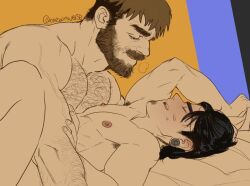Rule 34 | 2boys, arm hair, armpit hair, armpit hair peek, bara, beard, chest hair, couple, facial hair, from side, full beard, goatee stubble, large pectorals, luke (mewniverse), lying, magnum opus (mewniverse), male focus, mature male, mewniverse, multiple boys, muscular, muscular male, mustache, nipples, nude, on back, out-of-frame censoring, pectorals, profile, sam (mewniverse), short hair, sideburns stubble, stubble, thick beard, thick eyebrows, thick mustache, toned, toned male, undercut, yaoi