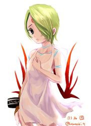 Rule 34 | 1girl, bracelet, breath of fire, breath of fire v, closed mouth, dress, facial mark, full-body tattoo, green hair, hair over one eye, jewelry, kusunoki 4, looking at viewer, nina (breath of fire v), red wings, short hair, simple background, solo, tattoo, white background, white dress, wings