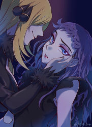 Rule 34 | 2girls, black background, black dress, black hair, black nails, blonde hair, blue eyes, breasts, creatures (company), cynthia (pokemon), diantha (pokemon), dress, eyelashes, eyeshadow, game freak, hair ornament, hands on another&#039;s cheeks, hands on another&#039;s face, highres, ivory (25680nico), long hair, makeup, multiple girls, nail polish, nintendo, pokemon, pokemon dppt, pokemon xy, smile, yuri