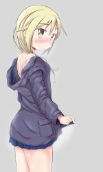 Rule 34 | 1girl, back, bare legs, bare shoulders, blonde hair, blush, clothes lift, embarrassed, grey background, highres, ichii yui, jacket, long sleeves, looking back, miniskirt, short hair, simple background, skirt, skirt lift, steam, steaming body, strap slip, sweat, undressing, upper body, yellow eyes, yuukin, yuyushiki