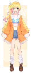 Rule 34 | 1girl, :d, bell, blonde hair, blue shorts, blush, boots, border, brown footwear, denim, denim shorts, fang, flower, full body, gradient hair, green eyes, hair bell, hair flower, hair ornament, highres, hololive, jacket, jingle bell, long hair, long sleeves, looking at viewer, midriff, momosuzu nene, multicolored hair, navel, open clothes, open jacket, open mouth, orange jacket, pink hair, shirt, short shorts, shorts, side ponytail, sleeves past fingers, sleeves past wrists, smile, socks, solo, standing, stomach, virtual youtuber, white border, white flower, white shirt, white socks, yellow background, yoako