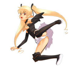 Rule 34 | 1girl, a1 (initial-g), ass, boots, detached sleeves, fang, female focus, full body, garter belt, lingerie, long hair, pachira, panties, pantyshot, pointy ears, renkin san-kyuu magical pokaan, simple background, solo, thigh boots, thighhighs, twintails, underwear, white background, white panties