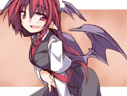 Rule 34 | 1girl, :d, armband, breasts, business suit, collared shirt, demon wings, fang, formal, head wings, hemogurobin a1c, juliet sleeves, koakuma, librarian, long hair, long sleeves, necktie, open mouth, pointy ears, puffy sleeves, red eyes, red hair, red necktie, seductive smile, shirt, simple background, skirt, sleeveless blazer, smile, solo, suit, touhou, wings