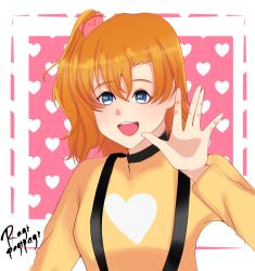Rule 34 | 1girl, artist name, artist request, blue eyes, blush, breasts, close-up, female focus, hair between eyes, hair ornament, hand wave, heart, heart background, heart print, highres, kosaka honoka, long sleeves, looking at viewer, love live!, love live! school idol project, orange hair, parted lips, pink background, ponytail, shirt, short hair, short ponytail, side ponytail, smile, solo, suspenders, upper body, yellow shirt