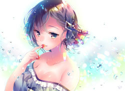 Rule 34 | 1girl, bare shoulders, black ribbon, blue eyes, breasts, brown hair, character request, cherry, cleavage, collarbone, commentary, dress, english commentary, fingernails, food, fruit, gothic wa mahou otome, grey dress, hair ornament, hair ribbon, hand up, looking at viewer, medium breasts, nemuri nemu, parted lips, ribbon, short hair, solo, strapless, strapless dress, upper body, water drop