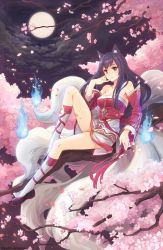 Rule 34 | 1girl, ahri (league of legends), animal ears, bare shoulders, black hair, blue fire, blush, brown eyes, cherry blossoms, detached sleeves, dress, fire, flower, fox ears, fox tail, full moon, korean clothes, kyurin (sunnydelight), league of legends, long hair, long sleeves, looking at viewer, moon, multiple tails, smile, solo, tail, tree
