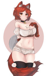 Rule 34 | 1girl, :3, absurdres, animal ears, bare shoulders, black thighhighs, breasts, brown eyes, bunny and fox world, choker, cleavage, collar, dog ears, dog tail, ehrrr, gloves, groin, highres, large breasts, looking at viewer, lula (sadayan), midriff, navel, red gloves, red hair, short hair, shorts, smile, solo, symbol-shaped pupils, tail, thighhighs