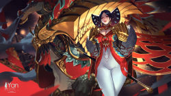 Rule 34 | 1girl, black hair, breasts, cleavage, cleavage cutout, closed mouth, clothing cutout, covered navel, eyeshadow, fantasy, figurehead (boat), gisuka yan, highres, large breasts, looking at viewer, makeup, original, ship, short hair, solo, staff, standing, watercraft, watermark, yellow eyes