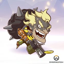 Rule 34 | 1boy, artist request, blonde hair, chibi, copyright name, eyebrows, full body, junkrat (overwatch), lowres, male focus, mechanical arms, official art, open mouth, overwatch, overwatch 1, single mechanical arm, solo, thick eyebrows, tire, topless male, weapon