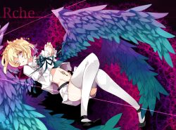 Rule 34 | 1boy, bad id, bad pixiv id, beatmania, beatmania iidx, blonde hair, character name, groin, male focus, mary janes, midriff, multiple wings, navel, one eye closed, pink eyes, rche (beatmania), rooseputo 02, shoes, solo, star (symbol), thighhighs, trap, wings, wink