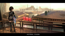 Rule 34 | 1girl, astral chain, black footwear, black hair, black jacket, black shorts, black thighhighs, boots, building, chain, character request, cityscape, commentary request, copyright name, day, hair over eyes, highres, jacket, knee boots, letterboxed, long sleeves, outdoors, railing, short hair, short shorts, shorts, solo, standing, tarbo (exxxpiation), thighhighs, thighhighs under boots, translation request