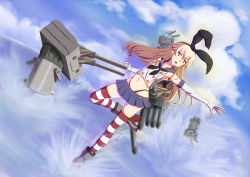Rule 34 | 10s, 1girl, absurdres, bad id, bad pixiv id, blonde hair, blue sky, cloud, crop top, day, dutch angle, elbow gloves, full body, gloves, grey eyes, groin, hairband, high heels, highleg, highleg panties, highres, kantai collection, long hair, midnight (midnightstream3), midriff, miniskirt, navel, panties, rensouhou-chan, school uniform, serafuku, shimakaze (kancolle), skirt, sky, solo, standing, standing on one leg, striped clothes, striped thighhighs, thighhighs, underwear, white gloves