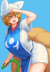 Rule 34 | 1girl, absurdres, animal hat, arched back, arm at side, arm up, bad id, bad tumblr id, blonde hair, blue background, blush, breasts, chanta (ayatakaoisii), dress, fox tail, hat, highres, holding, holding hose, hose, huge breasts, leaning forward, mob cap, multiple tails, open mouth, orange eyes, mob cap, see-through, short dress, short hair, short sleeves, simple background, slit pupils, solo, standing, sweat, tabard, tail, touhou, wet, wet clothes, white dress, wide sleeves, yakumo ran