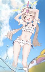 Rule 34 | 1girl, absurdres, armpits, arms up, bikini, blue archive, blush, collarbone, commentary request, eyewear on head, frilled bikini, frills, halo, hifumi (blue archive), hifumi (swimsuit) (blue archive), highres, light brown hair, looking at viewer, low twintails, navel, one eye closed, open mouth, sky, solo, sunglasses, swimsuit, twintails, water, water gun, wet, what a, white bikini, yellow eyes