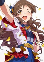 Rule 34 | 1girl, artist name, ayano yuu (sonma 1426), blue shirt, blue skirt, brown eyes, brown hair, confetti, emblem, hand on own chest, hat, highres, idolmaster, idolmaster million live!, idolmaster million live! theater days, jacket, kitazawa shiho, long hair, looking up, one eye closed, open mouth, plaid, plaid jacket, reaching, shirt, short sleeves, simple background, skirt, smile, solo, standing, star (symbol), suspender skirt, suspenders, white background, wrist cuffs