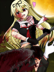 Rule 34 | 10s, 1girl, amo chenbe, bad id, bad pixiv id, blonde hair, blood, blood on face, blood splatter, bloodborne, fingerless gloves, gloves, hair flaps, hair ornament, hair ribbon, heart, holding, kantai collection, necktie, open mouth, red eyes, red necktie, ribbon, scarf, school uniform, serafuku, skirt, solo, weapon, white gloves, yandere, yuudachi (kancolle), yuudachi kai ni (kancolle)