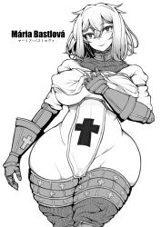 Rule 34 | 1girl, absurdres, arm armor, armor, bottomless, brdm-2, breasts, character name, cleft of venus, clothes lift, covered erect nipples, cowboy shot, gauntlets, gluteal fold, greyscale, groin, highres, large breasts, leg armor, looking at viewer, medium hair, monochrome, mons pubis, original, parted lips, pussy, simple background, solo, tabard, thick thighs, thighs, white background, wide hips