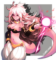 Rule 34 | 1girl, android 21, artist name, bad id, bad pixiv id, black sclera, breasts, cleavage, colored sclera, colored skin, currystar, detached sleeves, dragon ball, earrings, hand on own hip, highres, hoop earrings, jewelry, licking lips, long hair, looking at viewer, majin android 21, medium breasts, navel, orb, pink skin, red eyes, simple background, smile, solo, standing, tail, tongue, tongue out, white hair