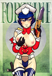 Rule 34 | 1girl, baton, blue hair, breastless clothes, breasts, commentary request, cowboy shot, fortune (tarot card), gloves, groin, gun, hat, hip focus, holding, holding gun, holding weapon, large breasts, my pet tentacle monster, nipples, parted lips, peaked cap, persona, persona 4, police hat, sex toy, shadow (persona), shadow naoto, shirogane naoto, short hair, solo, spoilers, standing, tarot, tarot (medium), thigh gap, vibrator, watermark, weapon, wheel of fortune (tarot), yellow eyes