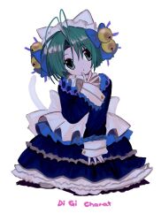 Rule 34 | 1girl, animal ears, antenna hair, apron, bell, blue dress, cat ears, cat tail, dejiko, di gi charat, dress, green eyes, green hair, hair bell, hair ornament, highres, long sleeves, looking at viewer, maid apron, pepeppepe101, short hair, solo, tail